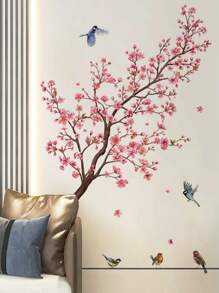 1set Peach Blossom Tree Branch And Birds Wall Stickers For Living Room And Bedroom Decoration, Stickers, Wall Decal, Vinyl Decal For Home Decorations, Spring Decoration Items Refresh Your Home, Rama Decoration Stickers Gifts Birthday Graduation - Multicolor - View 2