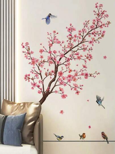 1set Peach Blossom Tree Branch And Birds Wall Stickers For Living Room And Bedroom Decoration, Stickers, Wall Decal, Vinyl Decal For Home Decorations, Spring Decoration Items Refresh Your Home, Rama Decoration Stickers Gifts Birthday Graduation