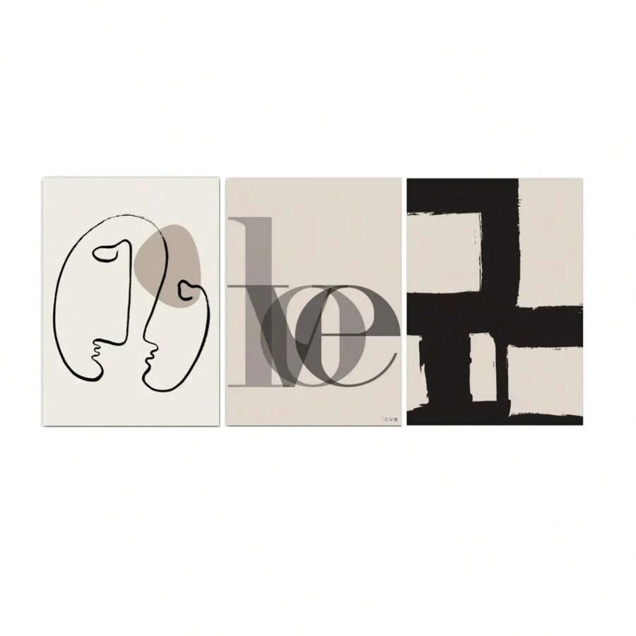 3入組線條復古抽象壁畫帆布繪畫北歐海報和印刷品現代極簡抽象臉體北歐海報和壁畫帆布繪畫客廳裝飾無框 - 彩色 - 查看 1
