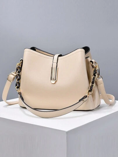 时尚纯色女士手提包 女士链条肩带小号单肩包 女士 PU 皮革单肩包和手机钱包 水桶钱包