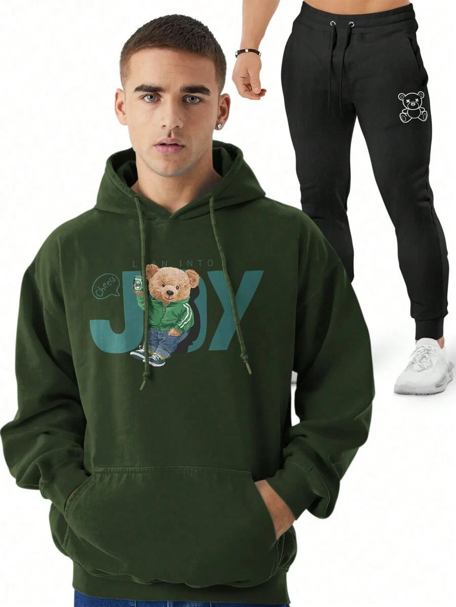 Men Hoodie & Sweatshirt Co-Ords - 軍綠色 - 查看 1
