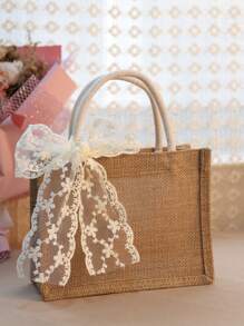 1pc Burlap Tote Bag With White Lace Ribbon Resuable And Durable Jute Gift Bag Summer Beach Bags For Wedding ,Bridesmaid,Grocery Shopping,Women And Brithday Party