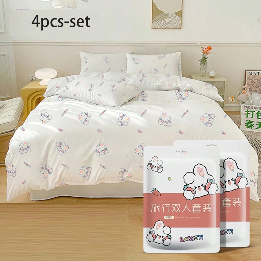 可愛粉色兔子旅行必備床單套裝，適用於旅館宿舍，情侶旅行，學生旅行，適用於家庭旅行1組旅行用一次性床單套裝，旅行攜帶式床上用品套裝 1*床單+1*被套+2*枕套，旅行床單三件套旅館用品旅行必備 - 彩色 - 查看 1