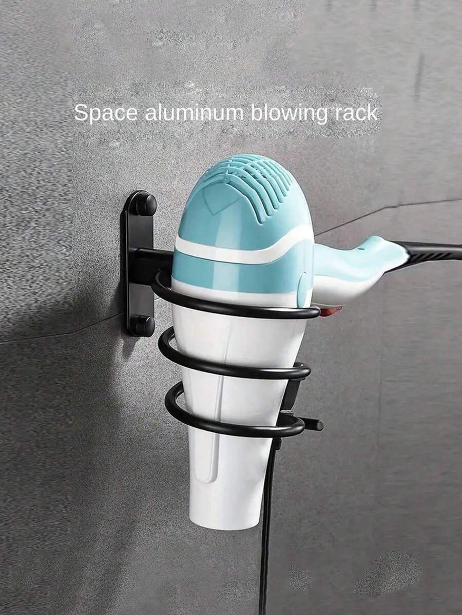 1入組黑色太空鋁吹風機架，壁掛式擊穿拼裝，強力承載不易掉落，適用於衛生間、浴室、臥室等，吹風機托架、吹風機收納架 - 黑色 - 查看 1