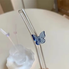 2pcs Colorful Butterfly Shaped Heat-Resistant Glass Straws, Bent Reusable Straws For Girls To Avoid Hot Drinks And Stains, Perfect For Bubble Tea, Juices, And Milk,Kitchen,Christmas Gift