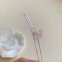 2pcs Colorful Butterfly Shaped Heat-Resistant Glass Straws, Bent Reusable Straws For Girls To Avoid Hot Drinks And Stains, Perfect For Bubble Tea, Juices, And Milk,Kitchen,Christmas Gift
