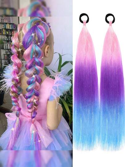 Paquete de 2 extensiones de coleta para niños de 24 pulgadas con corbata de pelo, extensión de coleta rosa, morada y azul, día del cabello loco, extensiones de cabello de colores para niños, cabello de festival, cabello de rave, coleta degradada