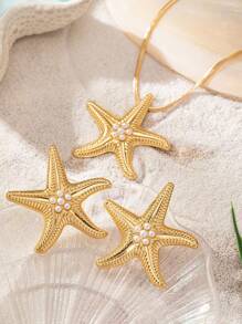 3pcs Fashionable Beach Style Starfish & Faux Pearl Pendant Necklace And Earrings Set, Women's Casual Summer - Yellow Gold - View 6