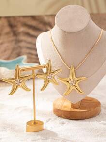 3pcs Fashionable Beach Style Starfish & Faux Pearl Pendant Necklace And Earrings Set, Women's Casual Summer - Yellow Gold - View 8