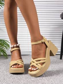Giày Sandal Nữ Đế Dày Đế Dày, Plus Size Quai Cổ Chân Giày Cao Gót Mũi Vuông Thời Trang Mùa Hè, Đế Dày - Màu be - Xem 2