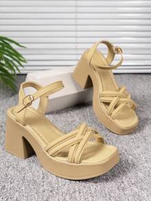 Giày Sandal Nữ Đế Dày Đế Dày, Plus Size Quai Cổ Chân Giày Cao Gót Mũi Vuông Thời Trang Mùa Hè, Đế Dày - Màu be - Xem 4