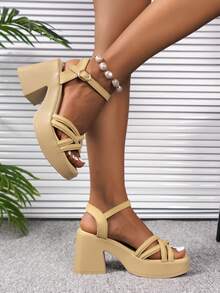 Giày Sandal Nữ Đế Dày Đế Dày, Plus Size Quai Cổ Chân Giày Cao Gót Mũi Vuông Thời Trang Mùa Hè, Đế Dày - Màu be - Xem 3