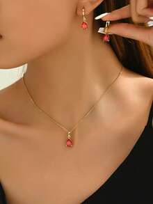 1 Set Fashion Cubic Teardrop Pendant & Copper Hoop Earrings Suit, Suitable As Daily Wear Or Gift For Women