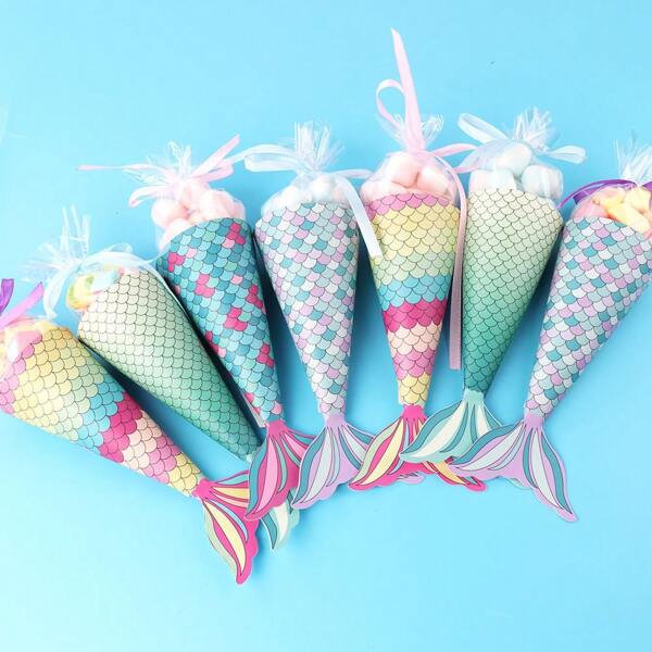 12/48pcs Mermaid Party Favor Bags, Birthday Party Goody Bags, Cartoon Mermaid Shape With Shell Stickers Mermaid Gift Bags, Theme Party Supplies (12pcs/Pack, 4 Designs 3pcs Each + 12-15 Pcs Cone-Shaped Clear Bags + 12pcs Shell Stickers)