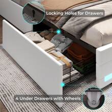 帶USB的Queen Size床架，帶抽屜和LED燈的軟墊式平台床架，白色