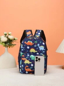 1pc Fashionable Cartoon Dinosaur Printed Nylon Zipper Closure Cute Backpack, Suitable For Daily Use, Random Print Location - Blue - View 2