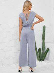 Womens Backless Cap Sleeve Summer One Piece Outfits Jumpsuits Front Knot Crewneck Romper - Grey - View 6