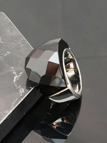 女士时尚钛钢个性简约不锈钢高抛光黑石戒指