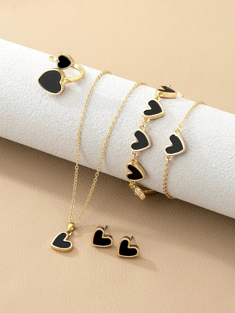 Set de joyas con 1 collar de colgante en forma de corazón asimétrico romántico y exquisito, 2 pulseras, 1 pieza de aretes y 1 anillo - En forma de corazón - Ver 1