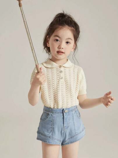 Young Girl Knitted Knit Hollow Out T-Shirt, Comfortable And Loose Knit Top