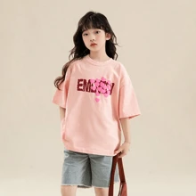 2025 Girls Short Sleeve T-Shirt 2025 New Summer Korean Style Children Tween Girl Casual Top - Pink - View 2