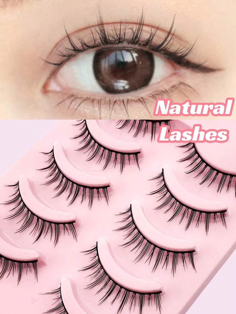 Asiteo 5 Pairs Manga Lashe Soft Natural Cross Eyelashes Wispy Full Strip False Eyelashes Demon Eyelashes Daily Dating Makeup Lashes - 黑色 - 查看 1