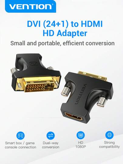 VENTION 母头转 DVI 公头适配器双向 DVI-D 端口转换器 24+1，用于显示器、投影仪、台式电脑、笔记本电脑、电视、PS4 和其他电子设备