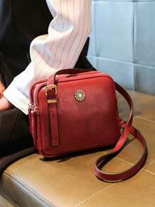 1PC Vintage Style Double Compartment Crossbody Bags, Casual Square PU Shoulder Bag For Women's Gift, Ladies Daily Handbags And Purses