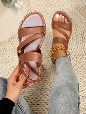 European And American Style Comfortable Flat Sandals For Women, Summer Casual Shoes With Round Toe And Low Heel