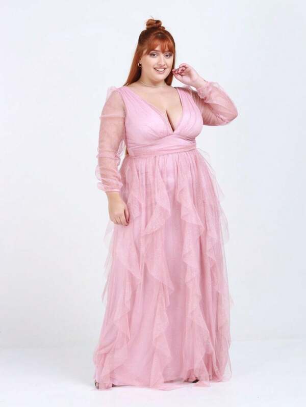 VESTIDO DE FESTA CASAMENTO MADRINHA PLUS SIZE TULE COM BRILHO SAIA CASCATA
