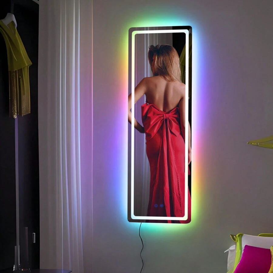 Full-Length Mirror Wall Mounted Mirror For Bedroom, RGB Color Changing LED Lights Mirror Dimmable Brightness