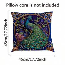 1pc Vintage Style Oil Painting Peacock Linen Material Pillow Case Car Backrest Sofa Bedroom Decoration Cushion Pillow Case - Navy Blue - View 2