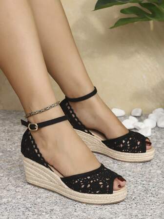 High Heeled French Wedge Sandals, Peep Toe With Braided Straps And Fisherman Style Cut-Outs, Fashionable Round Toe Women's Shoes