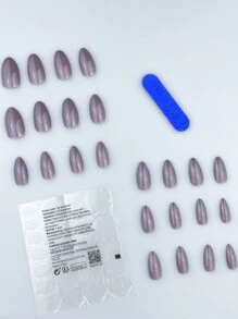 24入組中長度杏仁形指甲，淺灰紫色閃亮外觀完全覆蓋指甲。適用於時尚女性和女孩日常外出、約會、工作和聚會。即貼指甲美甲工具 - 淺灰紫 - 查看 2