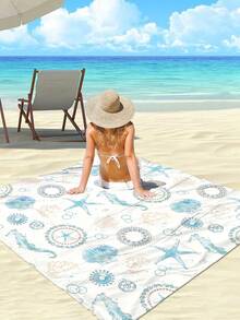1pc Extra Large Outdoor Picnic Mat/Beach Blanket With White Starfish And Seashell Pattern, Waterproof And Portable Camping Mat For Family And Friends Gathering In Spring, Summer And Autumn, Camping, Hiking, Travel, Etc. - Multicolor - View 4