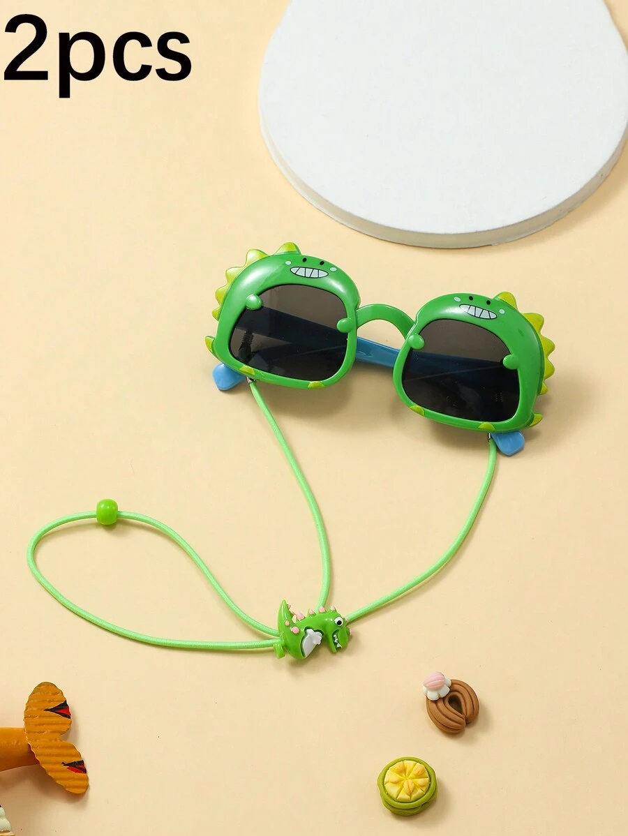 2pcs/Set - Kids' Dinosaur Pattern Fashion Glasses With Strap - Suitable For Outdoor, Travel - Green - View 1