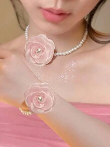 1 套女士项链和手链首饰，配有欧根纱花和人造珍珠，适合派对 - 花套裝 - 查看 5