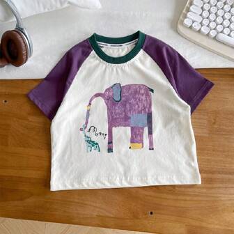 Camiseta de manga corta con bloque de color nueva de verano para niños y niñas con elefante morado