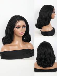 女用黑色蕾絲前瀏海捲曲假髮16" 側分深波浪捲假髮，合成纖維假髮，自然高質感日常派對通用 - 黑色 - 查看 2