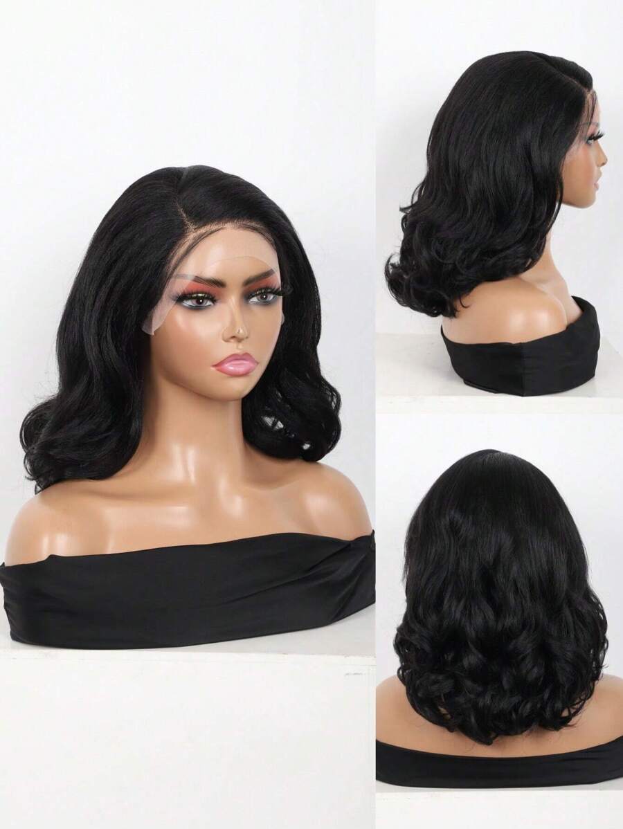 女用黑色蕾絲前瀏海捲曲假髮16" 側分深波浪捲假髮，合成纖維假髮，自然高質感日常派對通用
