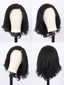 女用黑色蕾絲前瀏海捲曲假髮16" 側分深波浪捲假髮，合成纖維假髮，自然高質感日常派對通用 - 黑色 - 查看 10