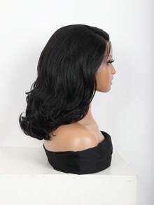 女用黑色蕾絲前瀏海捲曲假髮16" 側分深波浪捲假髮，合成纖維假髮，自然高質感日常派對通用 - 黑色 - 查看 6