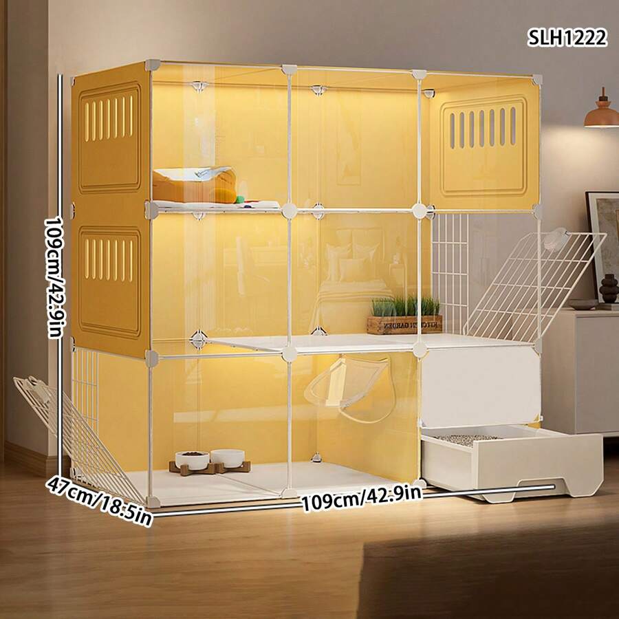 Indoor Cat House With BuiltIn Toilet, Drawer Type Litter Box And Blue