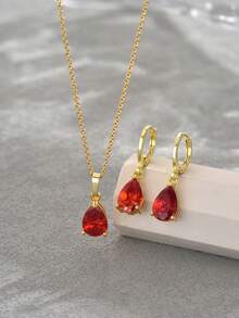 1 Set Fashion Cubic Teardrop Pendant & Copper Hoop Earrings Suit, Suitable As Daily Wear Or Gift For Women