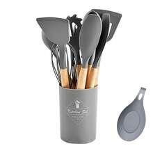 13入組不粘矽膠廚房煮食用具刮刀套裝，廚師廚房煮食用具套裝，木柄矽膠廚房器具套裝，附支架 - 彩色 - 查看 9