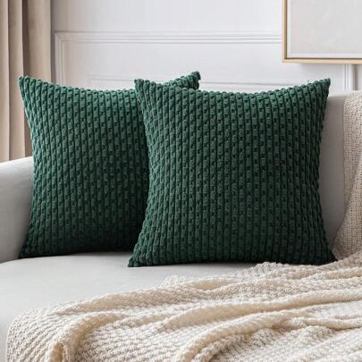 1pc Modern Bohemian Green Striped Cushion Cover (Pillow Core Not Included), Soft Corduroy Embossed 3D Striped Decorative Square Pillow Case, Suitable For Sofa, Bedroom, Bed, All Seasons