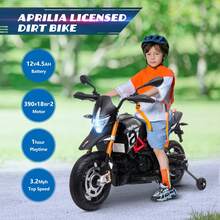 12V Kids Electric Ride On Motorcycle, Licensed Aprilia Battery Powered Dirt Bikes For Kids Motorbike W/Training Wheels, Spring Suspension, Lights, Music Story USB MP3 - Black - View 10