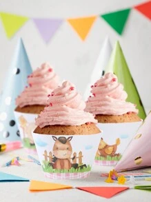 6pcs Pink Farm Animal Shaped Cake Decorations, Pink Farm Theme Birthday Party Decorations, Cake Decorations, Baking Packaging Products - Pink - View 2