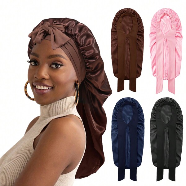 Awegeo Damen einstellbare seidige Satin Schlafhaube mit verlängerten Bändern - unifarbene Haarschutzmütze, weiches und atmungsaktives Design für Nachtpflege und Tageshomemütze