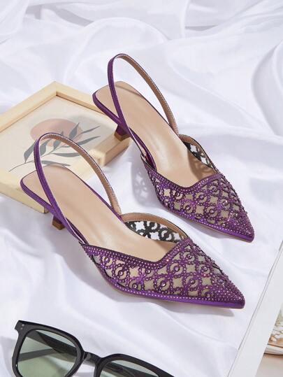 Zapatos de tacón bajo elegantes y formales para fiestas para mujeres con pedrería decorativa, punta estrecha, diseño de hueco y correa trasera en el talón, sandalias de tacón de gatito